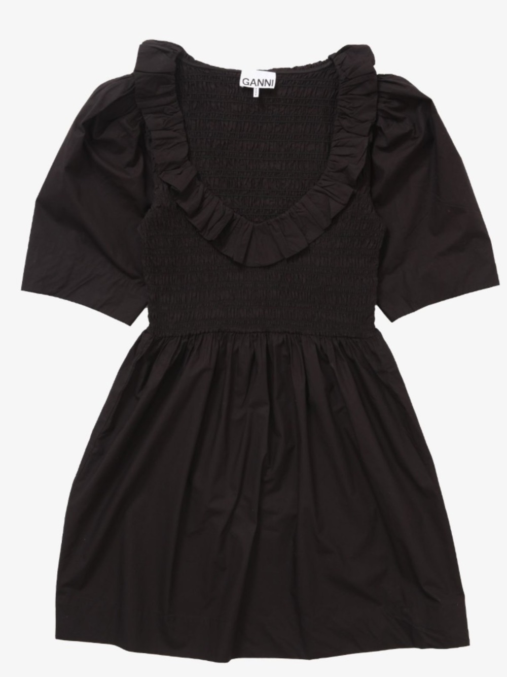 Ganni Black Smocked Bodice Ruffle Neck Mini Dress